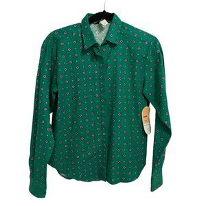 80s Deadstock Vintage Patterned Green Women's Button Down Shirt- Size Small NWT